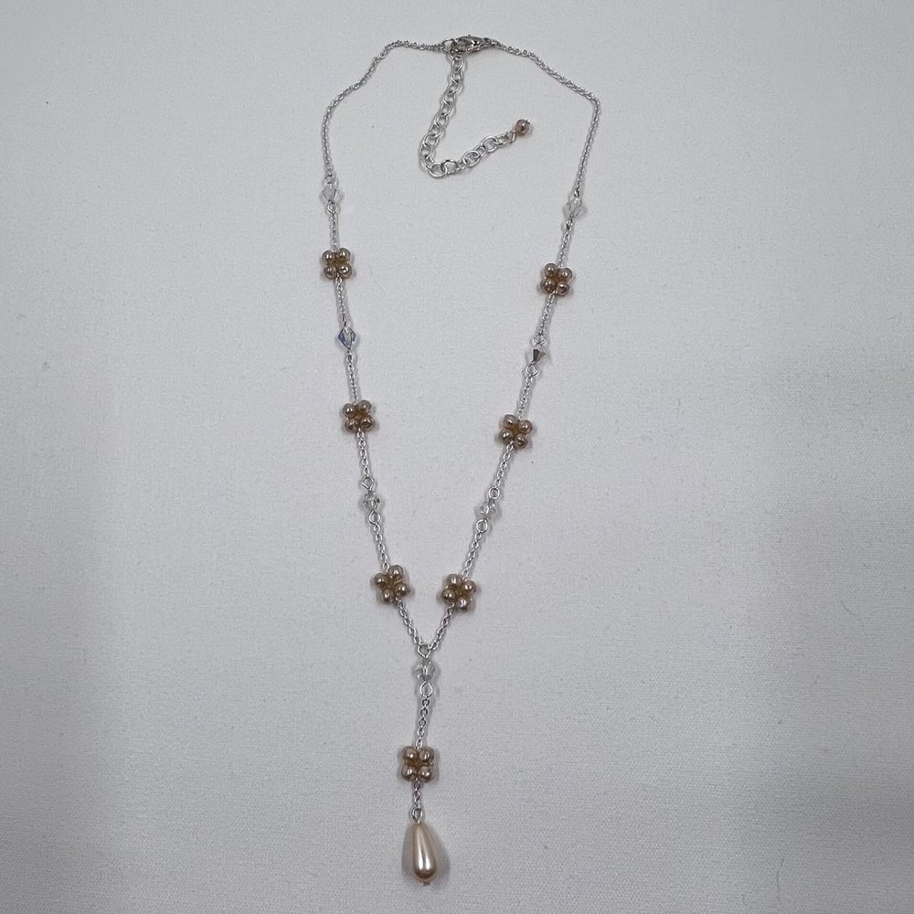 Silver Toned 16” Y Chain Necklace with Pearl Clusters and Crystals - Picture 3 of 6